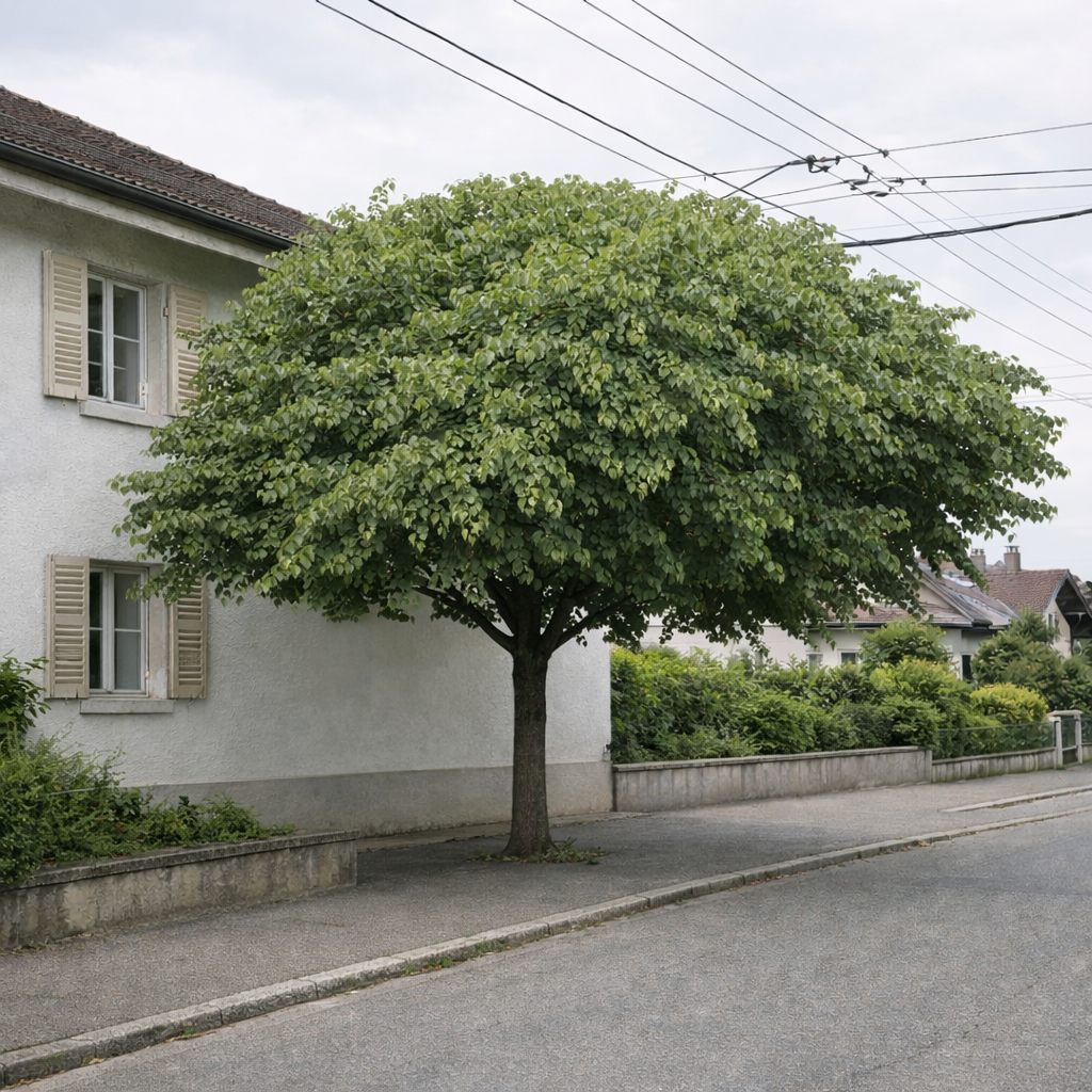Après : arbre taillé avec couronne équilibrée, façade et trottoir dégagés